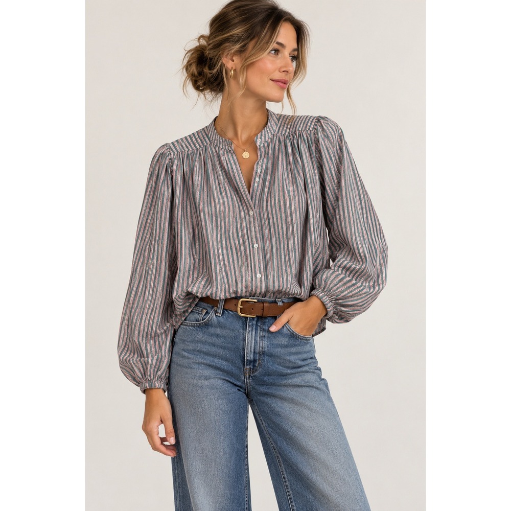 Boden Pink Green Striped Metallic Lurex Blouse Bottom Blend Long Sleeve Top US 6